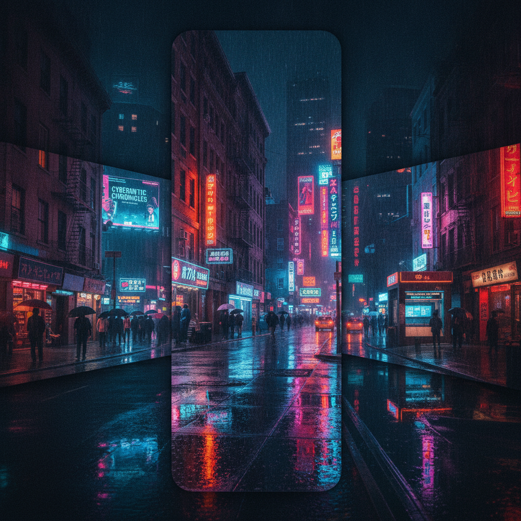 Vertical phone photo of a rainy neon city street converted into a wide desktop wallpaper by extending the buildings and sidewalk sideways