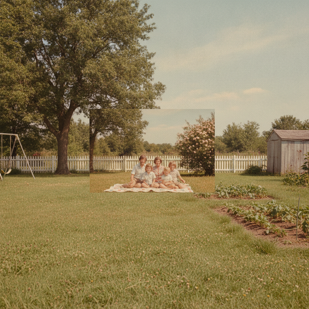 Square vintage family photograph expanded into a landscape scene with garden, picket fence and trees recreated in matching 1970s film grain
