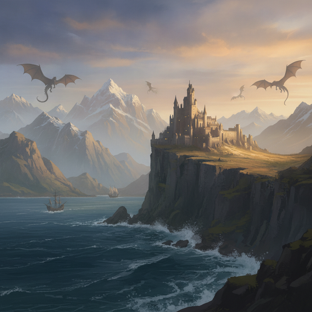 Fantasy castle illustration extended into a sweeping panorama with dragons and distant mountains painted in the same brushwork and lighting