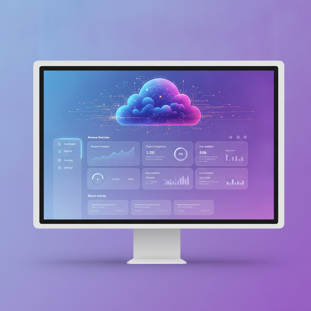 SaaS dashboard UI mockup with an AI-generated hero illustration, an AI image for cloud-based apps