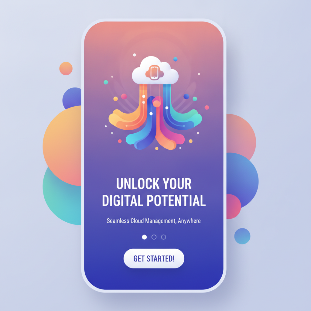 App onboarding screen illustration for a cloud-based mobile app, made with AI images for cloud apps