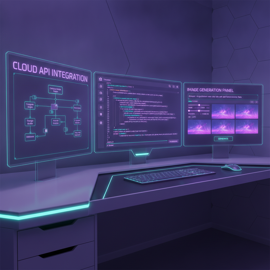Developer workspace with a cloud API integration panel, an AI image for cloud-based apps