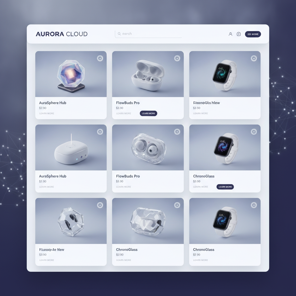 E-commerce cloud app product card grid with AI-generated product images, an AI image for cloud apps