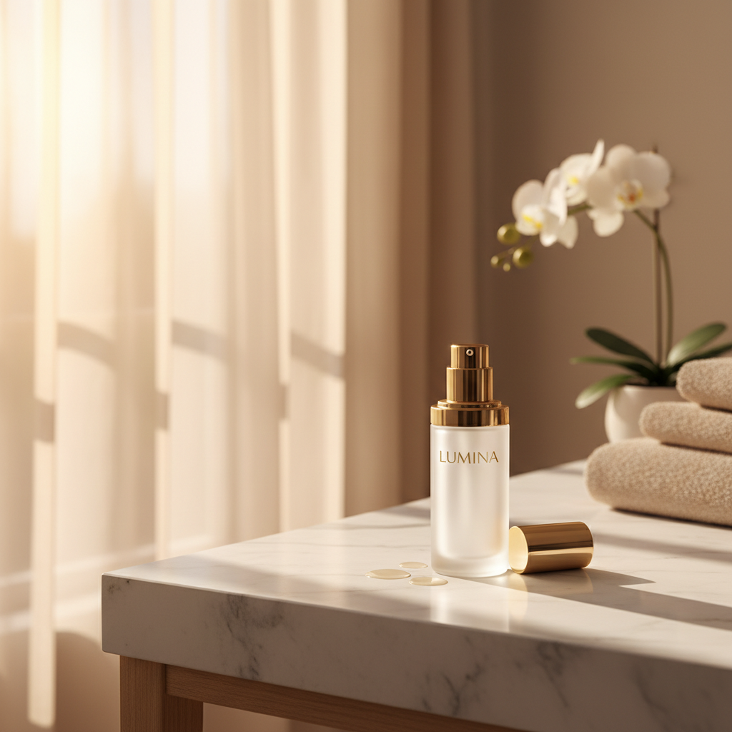 AI e-commerce lifestyle product image of a luxury skincare bottle on a marble countertop with morning sunlight streaming through window, soft beige tones, aspirational beauty brand aesthetic for Instagram and DTC marketing