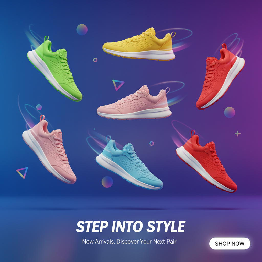 AI product images for e-commerce hero banner showing colorful sneakers floating in mid-air with vibrant gradient blue background, dynamic motion design, professional commercial photography for Shopify storefronts and Facebook ads
