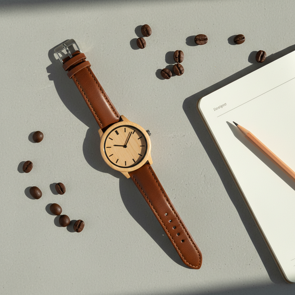 AI e-commerce flat-lay product image of a wooden watch with leather strap, warm natural lighting, clean concrete texture background, scattered coffee beans and notebook props, top-down composition for online store category pages