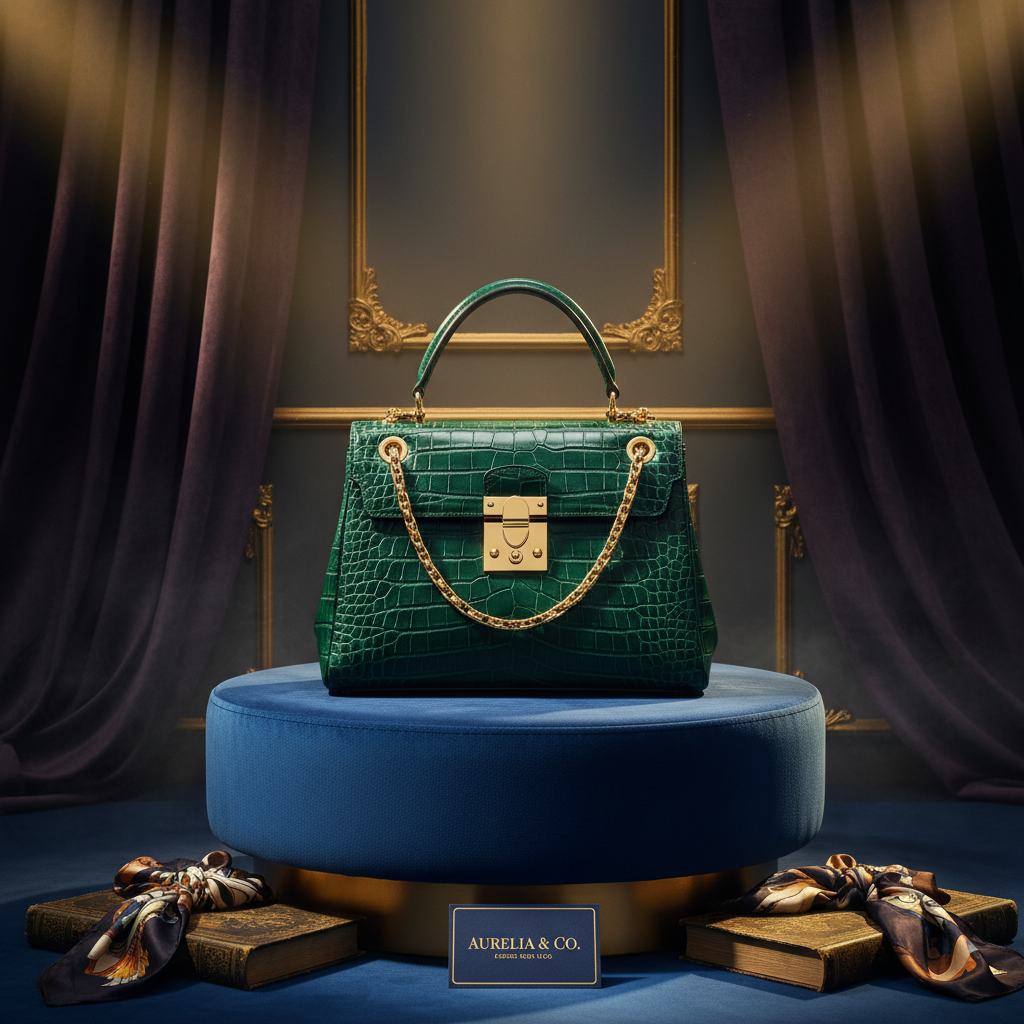 AI fashion e-commerce image of a designer handbag on a velvet pedestal with golden accent lighting, luxurious dark moody backdrop, premium brand storytelling visual for luxury online retail and editorial campaign