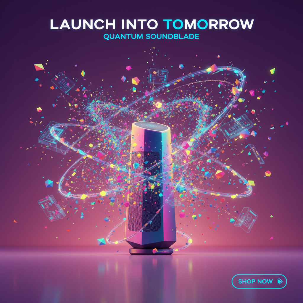 AI e-commerce hero image of a tech gadget exploding with colorful particles and digital effects on gradient purple to pink background, futuristic product launch visual for tech marketplace and TikTok ad creative