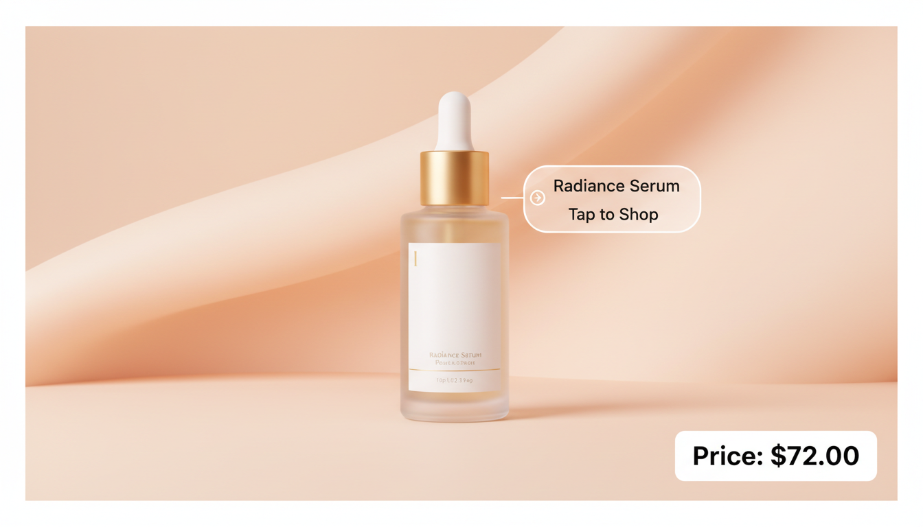 Shoppable Instagram product photo of a skincare serum with a price tag, an AI image for social commerce