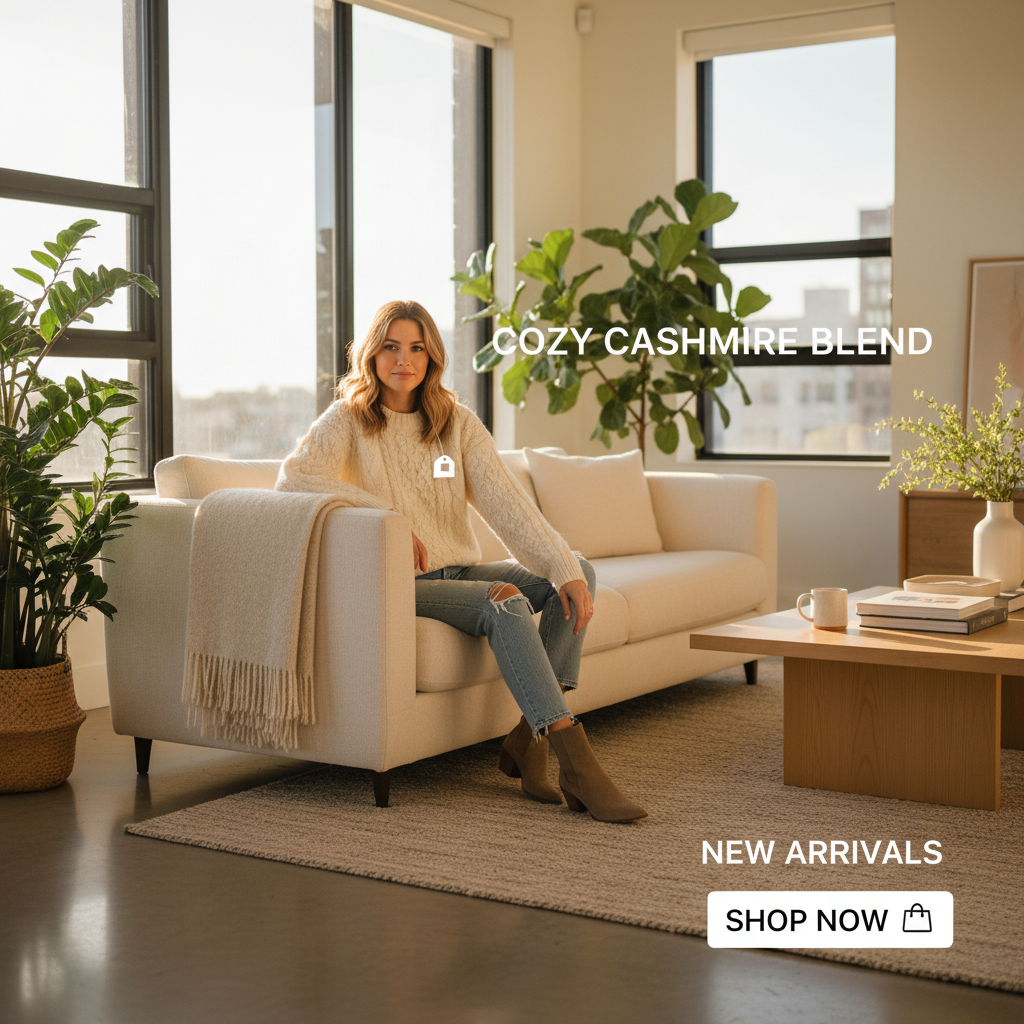 Lifestyle social commerce photo of a knit sweater styled on a model, made with AI images for social commerce