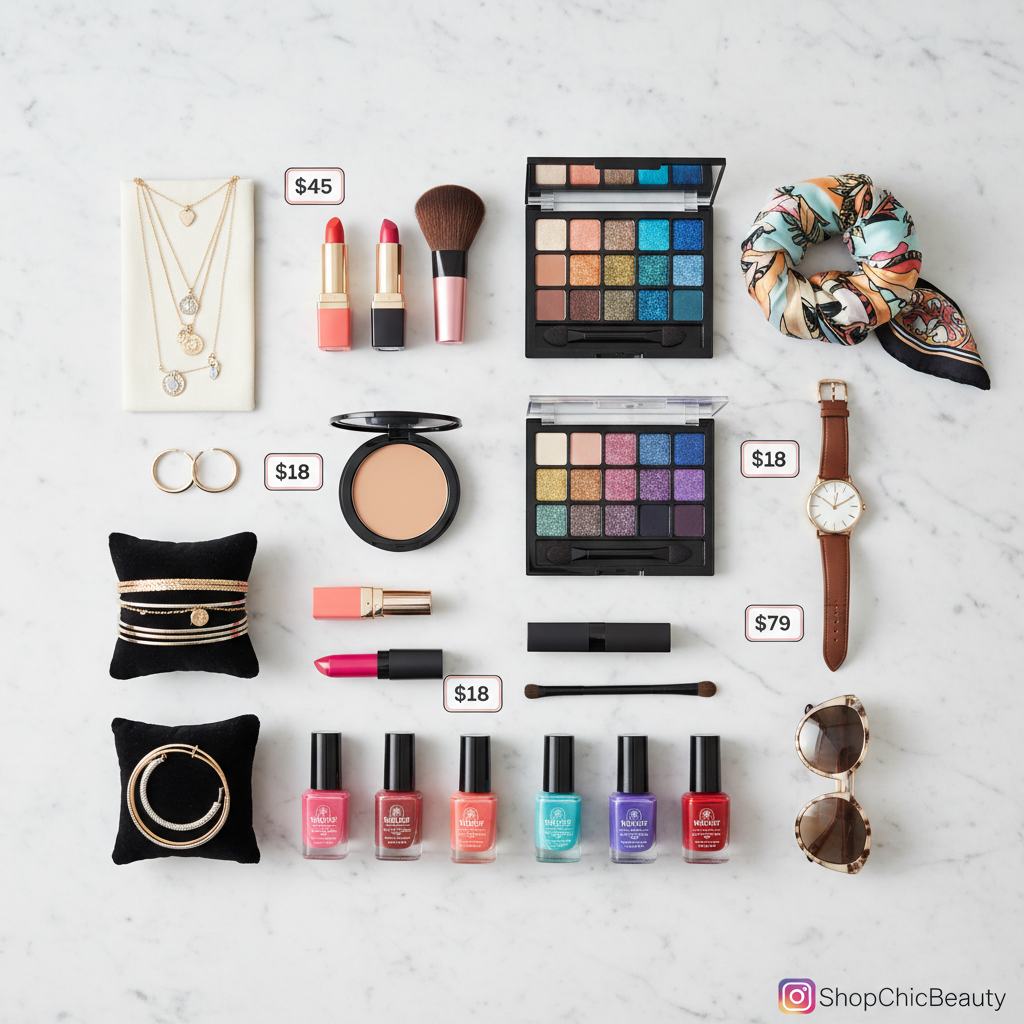 Flat-lay of cosmetics and accessories with price tags, an AI image for social commerce marketing