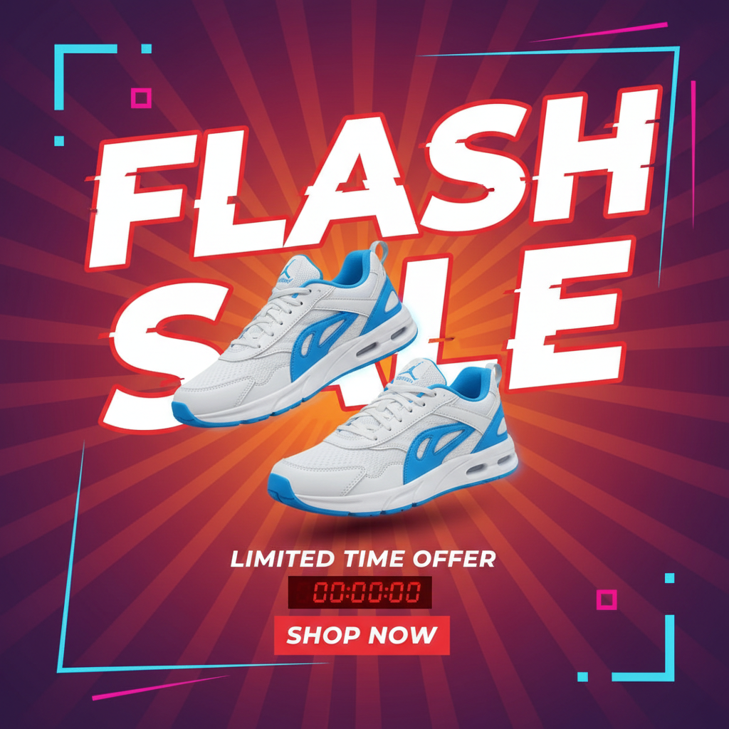 Limited-time sale banner featuring premium sneakers, an AI image for social commerce promotions