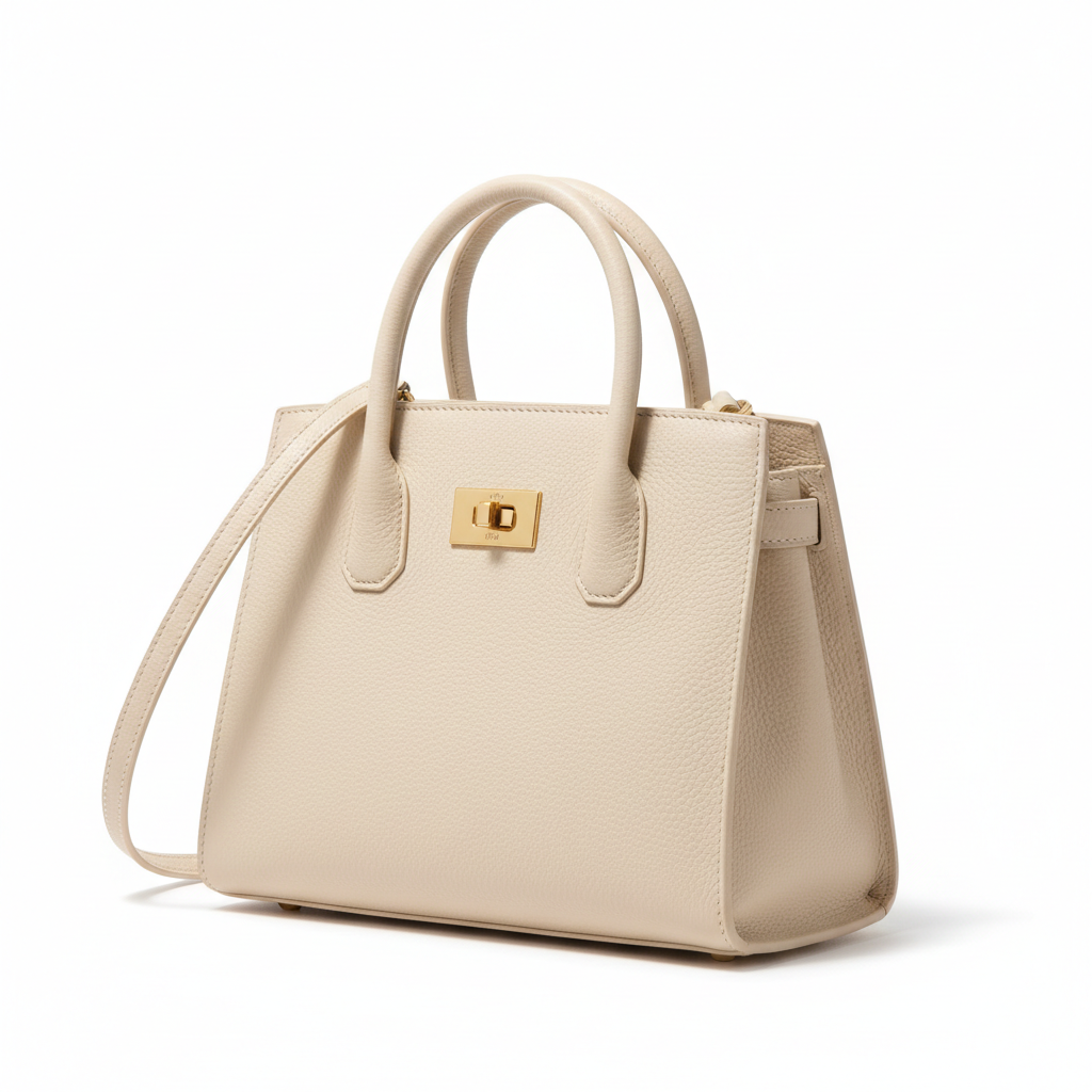 White-background e-commerce product shot of a leather handbag, an AI image for social commerce catalogs