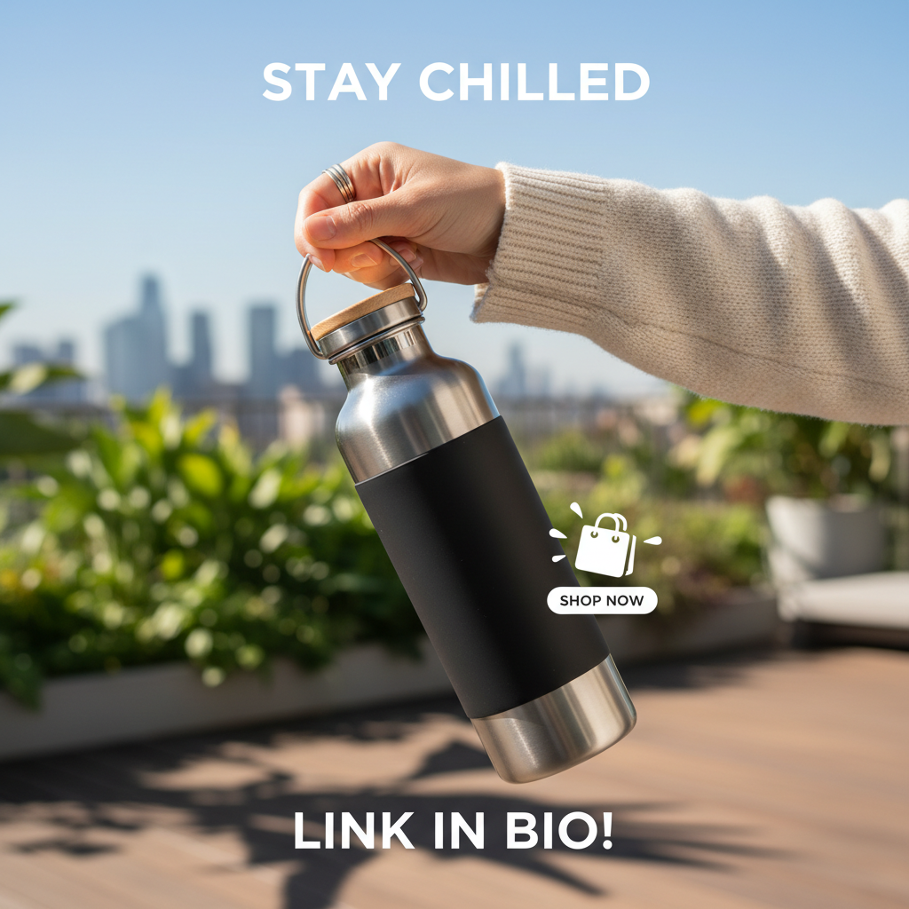 TikTok Shop style vertical product showcase of a water bottle, an AI image for social commerce content