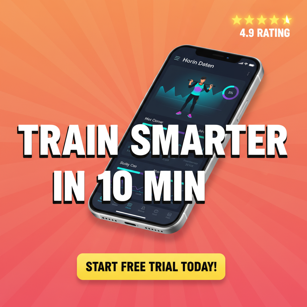 AI image for social media ads — Facebook ad creative for fitness app launch with bold yellow CTA and energetic gradient