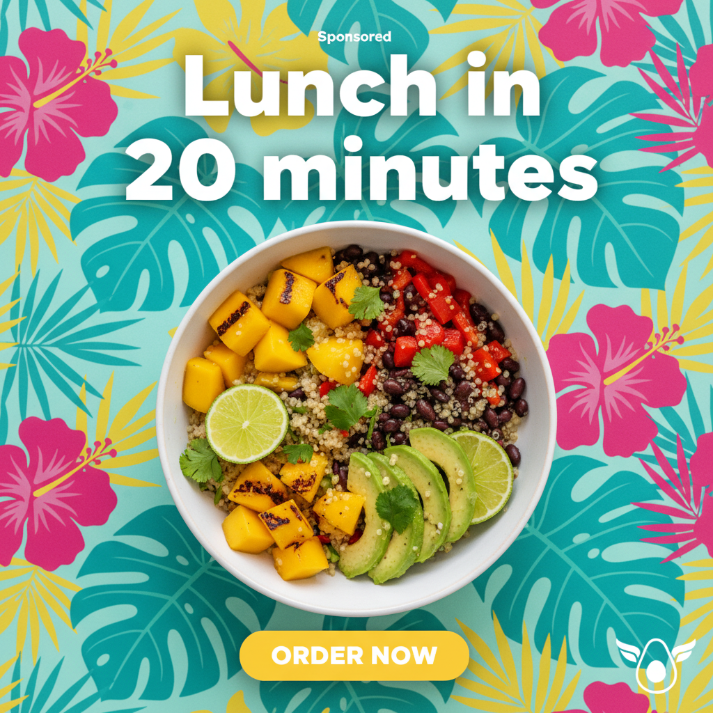 AI image for social media ads — Instagram feed ad for food delivery app with vibrant flat lay photography