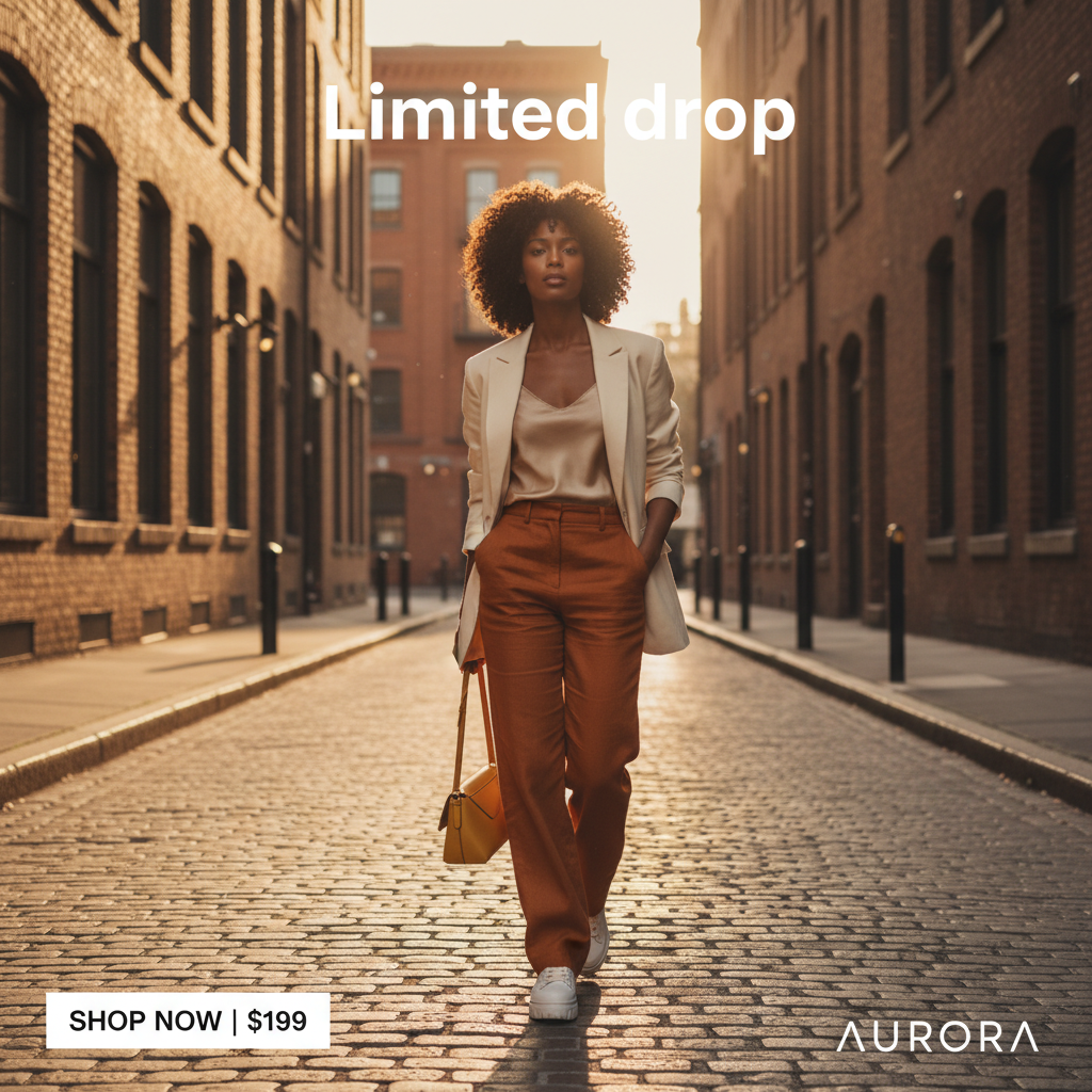 AI image for social media ads — Facebook retargeting ad for ecommerce fashion brand with editorial sunset palette