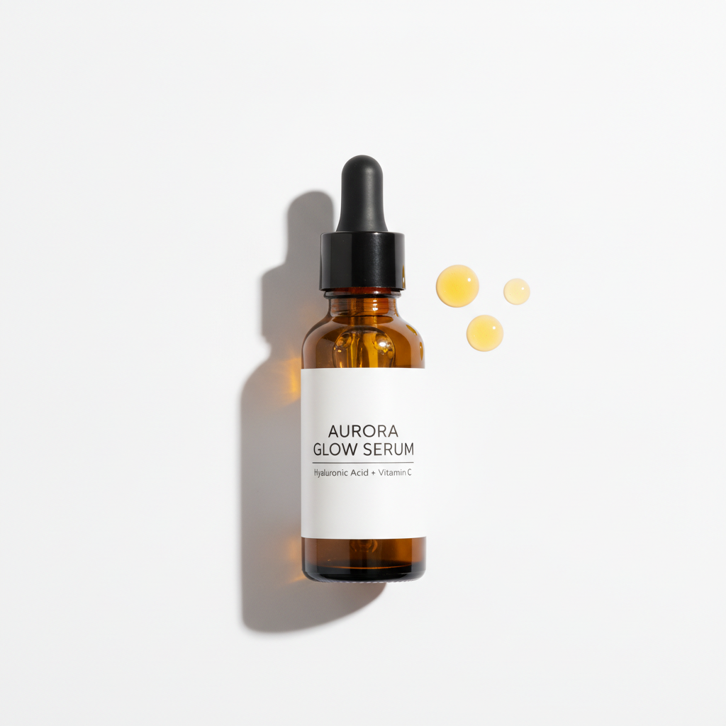 AI image generation for e-commerce showing a skincare serum bottle on a clean white studio background