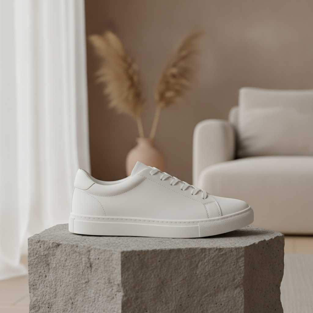 AI e-commerce product photo of a white sneaker on a stone podium in a warm lifestyle scene