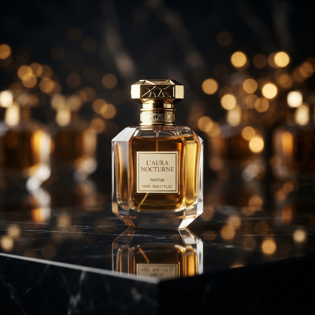 AI-generated luxury perfume bottle product photo with dramatic studio lighting for an online store