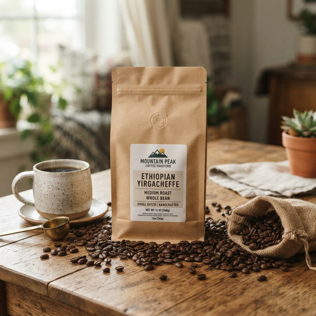 AI lifestyle product image of a coffee bag surrounded by roasted beans on a wooden table
