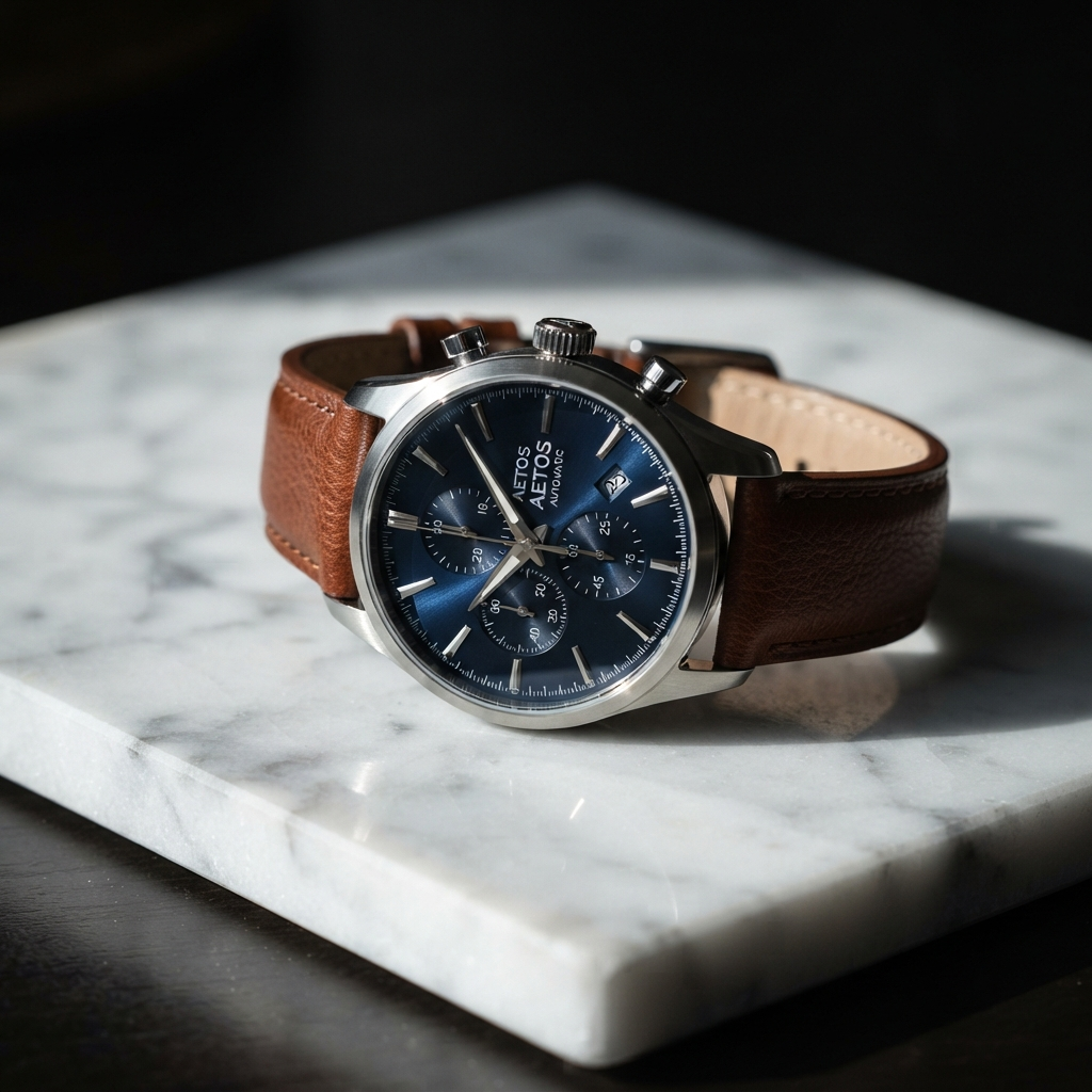 AI product photography of a wristwatch on white marble with luxury catalog lighting