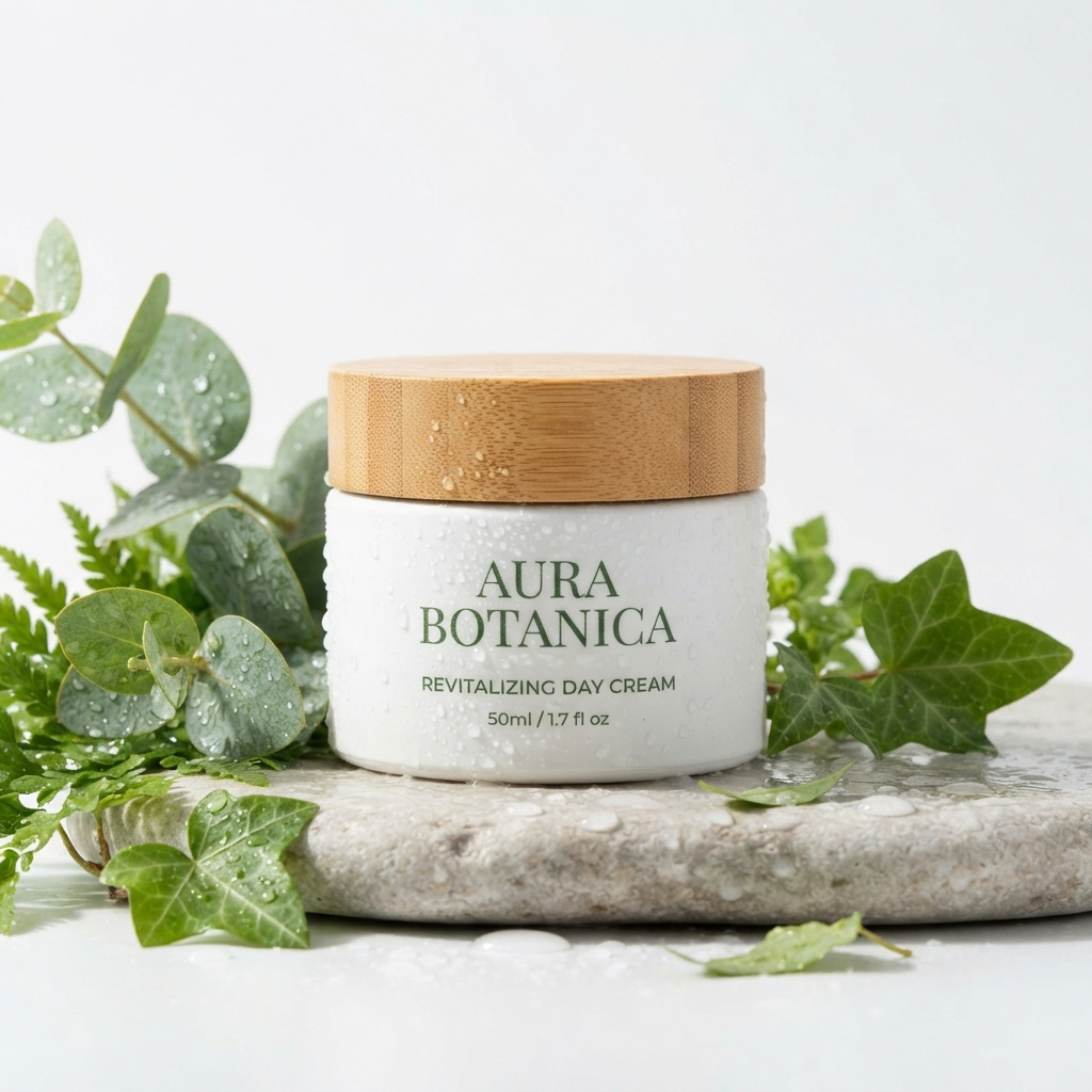 AI-generated skincare cream jar product photo with botanical styling on a white background