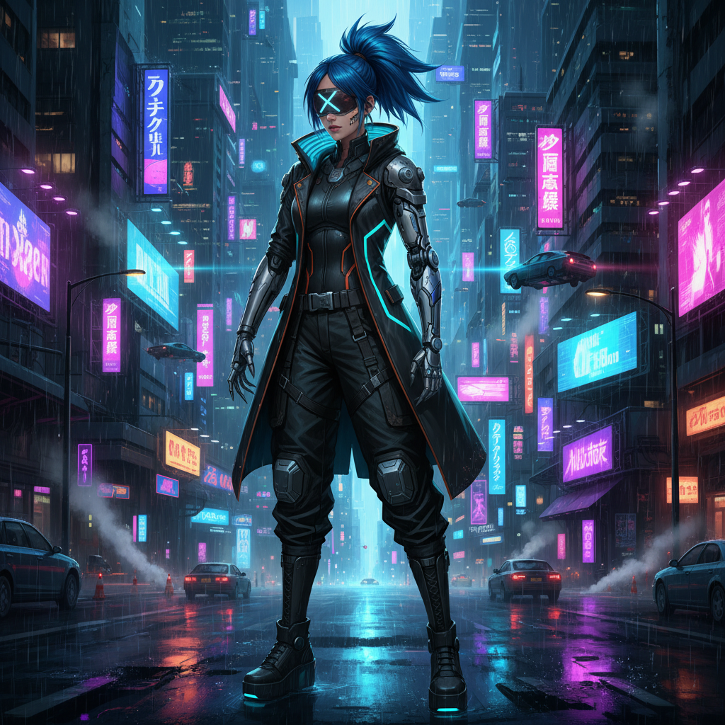AI cyberpunk anime character with neon city background