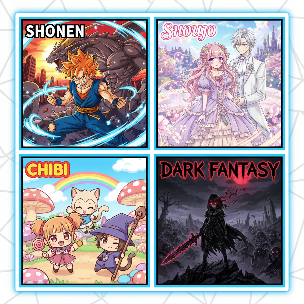 AI anime art styles showcase grid of digital anime art