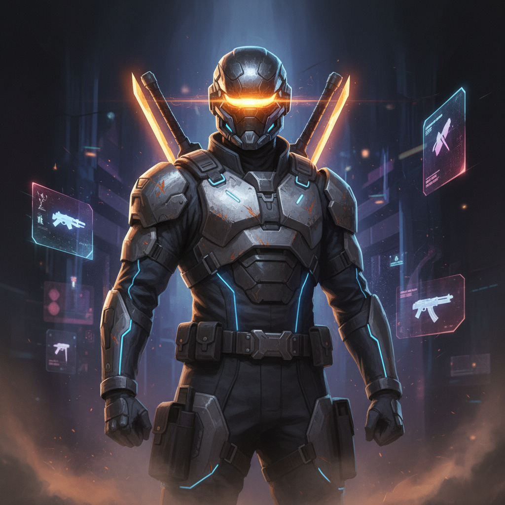 AI image generator for Apex agents — heroic futuristic battle royale legend portrait with armored sci-fi gear, glowing tactical visor, weathered jumpsuit with modular plate armor, dramatic amber and electric blue rim lighting on a dark neon arena backdrop