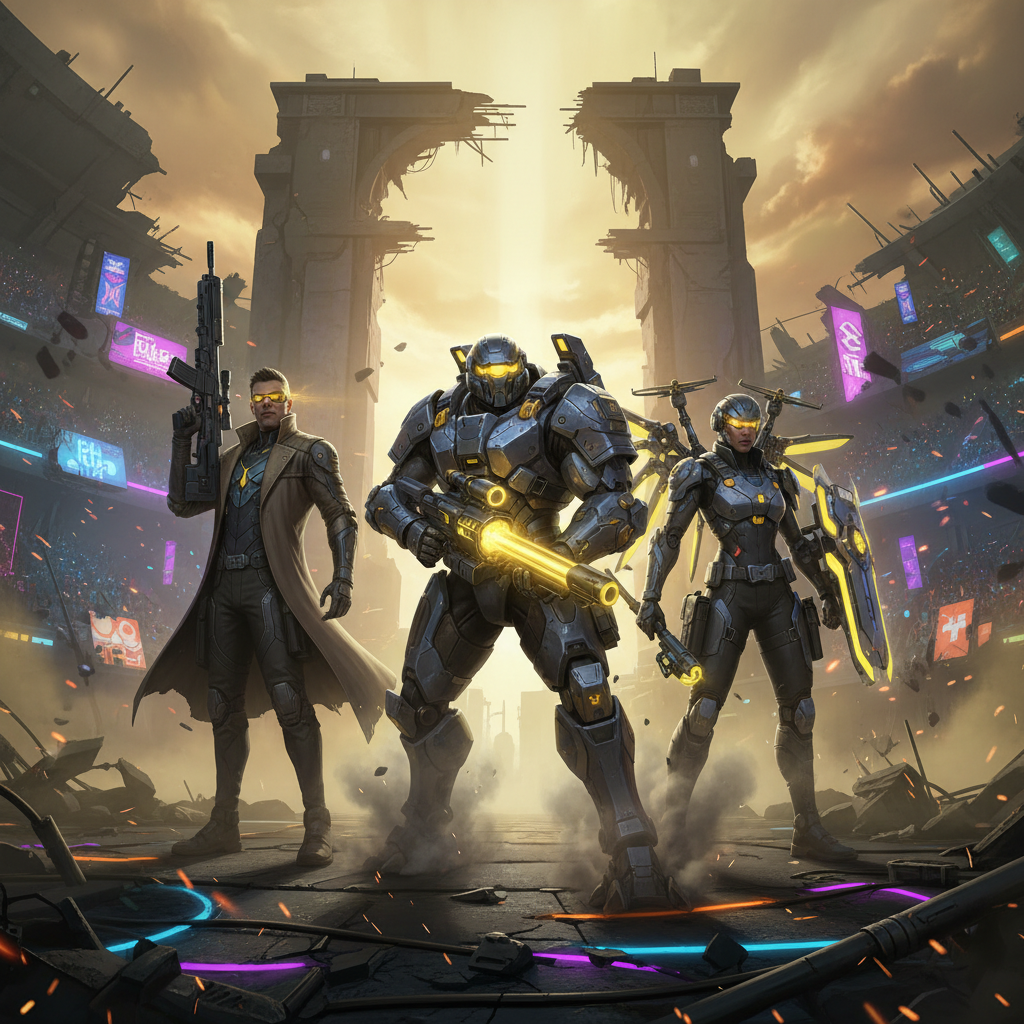 AI image generator for Apex agents squad lineup — three sci-fi battle royale legends standing side by side in dynamic poses, distinctive class silhouettes for assault, recon, and support roles, tactical gear with glowing yellow accents on a dystopian neon arena