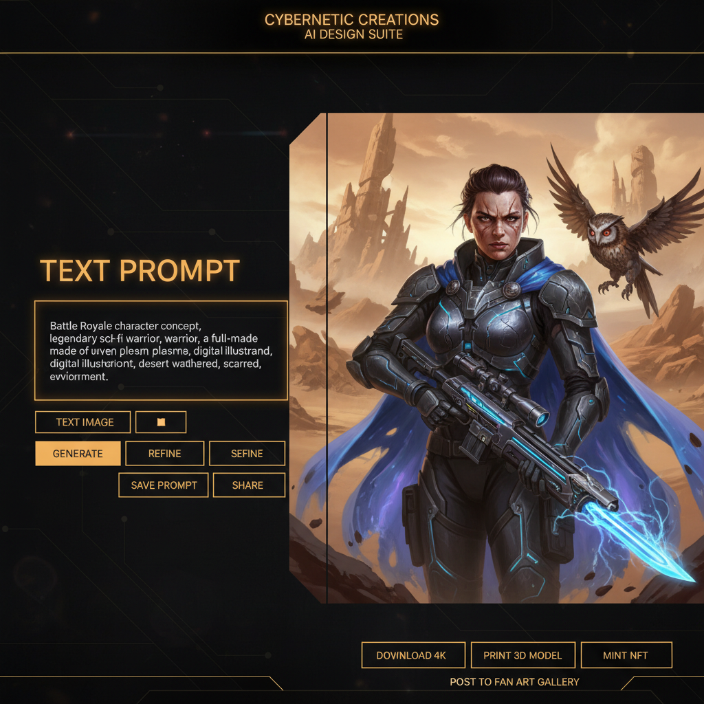 AI image generator for Apex agents interface mockup — split-screen concept designer showing text prompt on the left and a 4K rendered sci-fi legend portrait on the right, dark cyber UI with amber accent buttons, fan-art workflow visualization