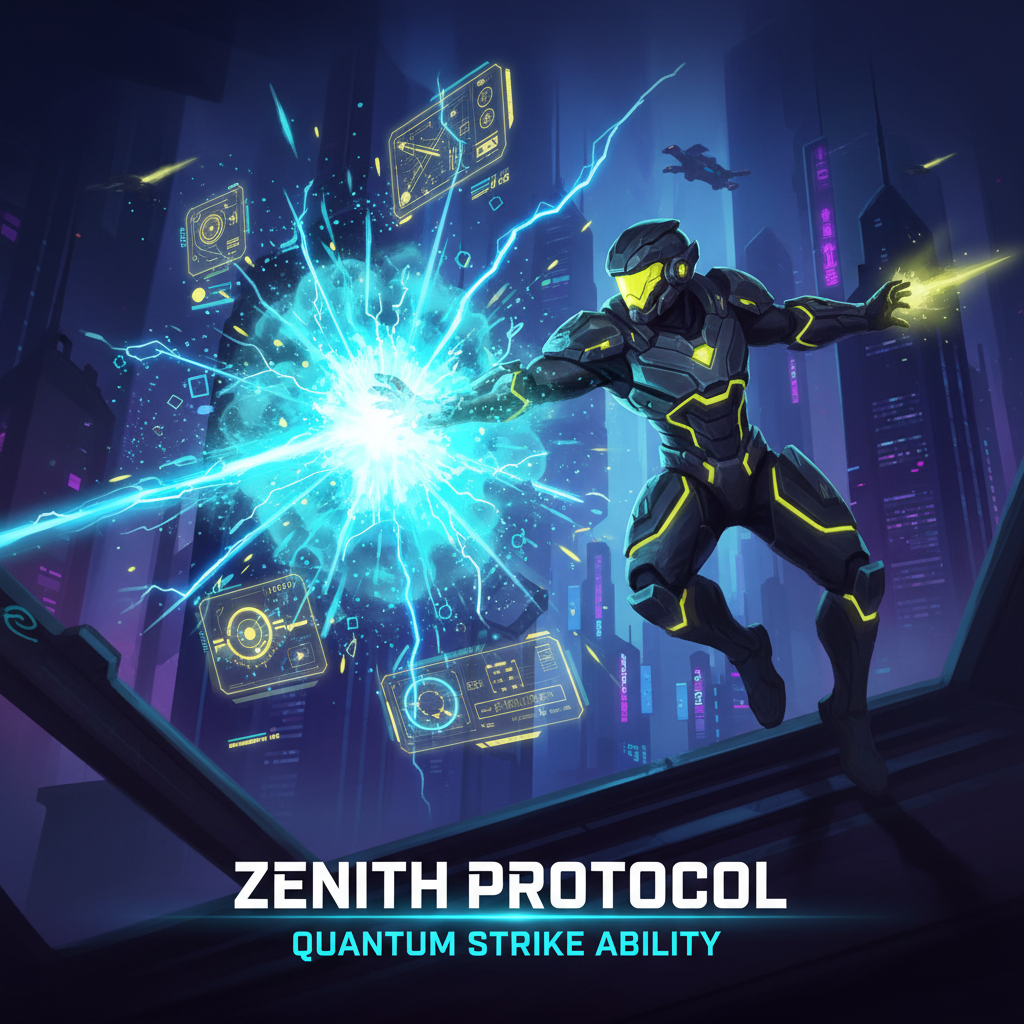 AI image generator for Apex agents ability poster — stylized battle royale legend unleashing a glowing energy ability with particle effects, dynamic action pose, holographic HUD overlays, neon yellow and cyan key art lighting, esports promo aesthetic