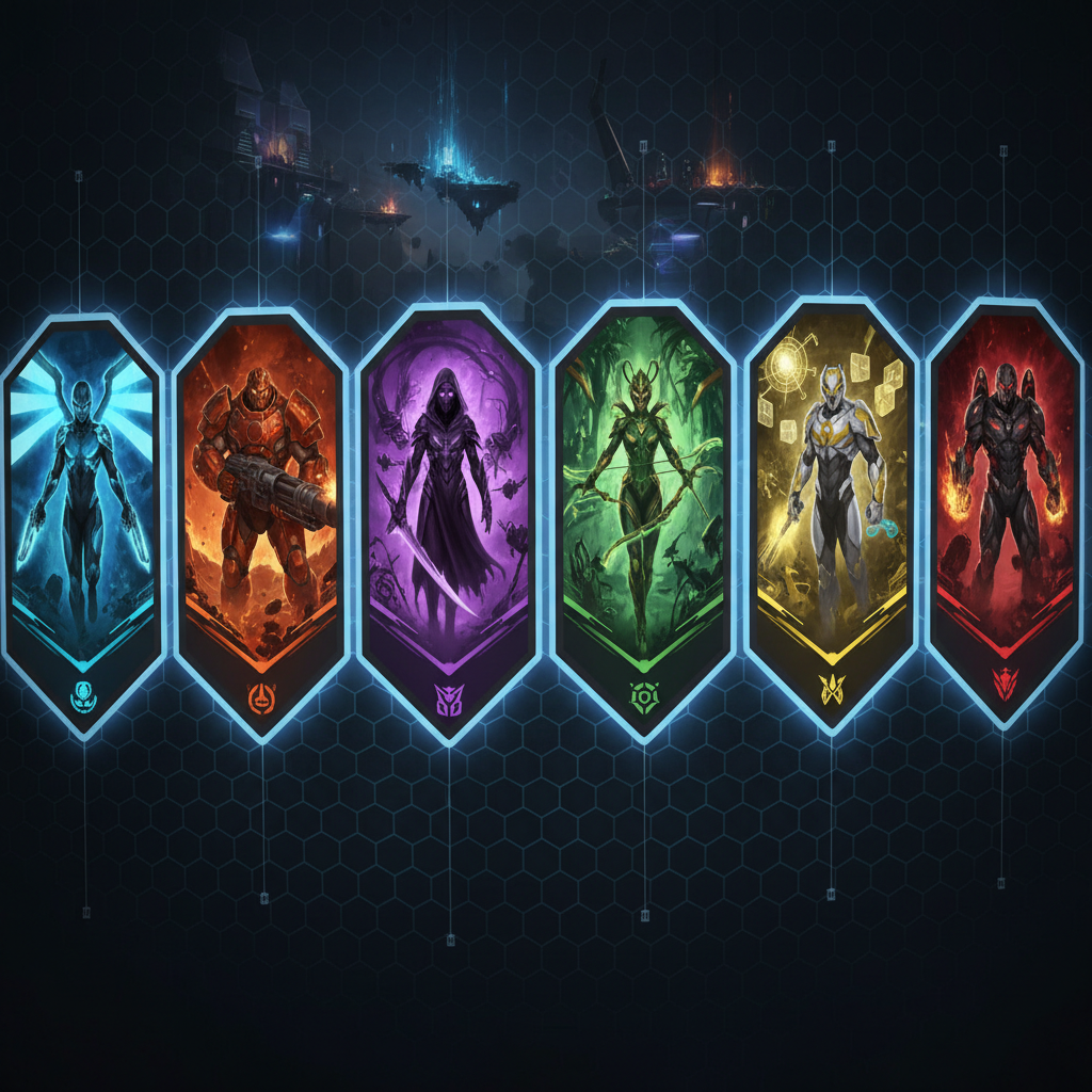 AI image generator for Apex agents character card grid — gallery wall of six AI-generated futuristic battle royale legend portraits in matching art style, each with distinct color palette and silhouette, fan-art trading card layout on dark arena background