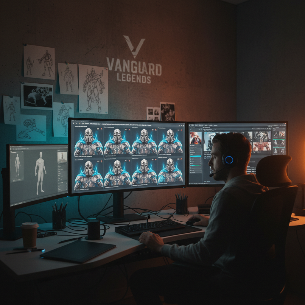 AI image generator for Apex agents concept workflow scene — designer at a multi-monitor workstation generating battle royale legend character art, iterative AI portraits and generation queue on screen, warm amber rim light meets cool cyan, moody studio with sketches pinned to the wall