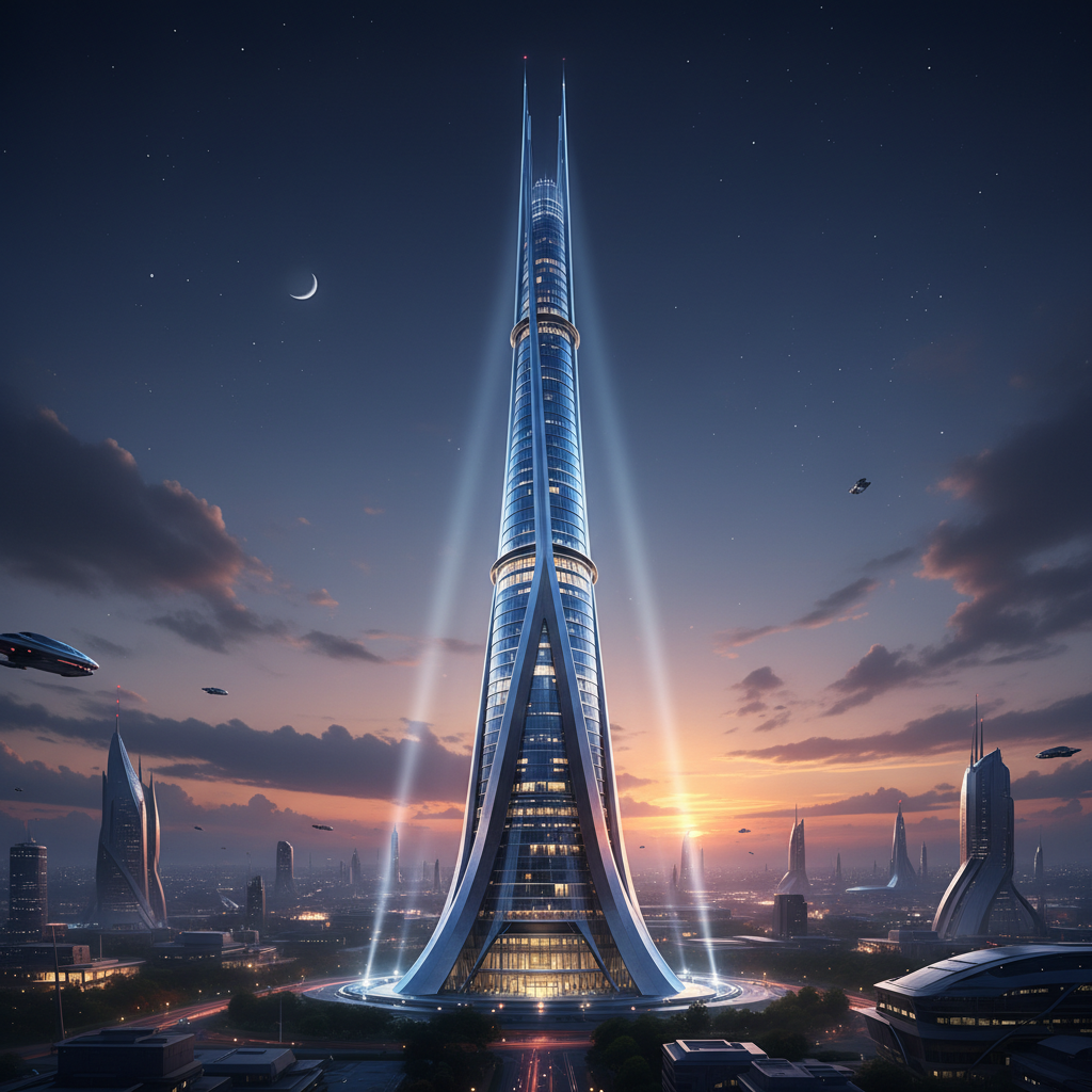 AI image generator for architecture render of a sleek glass and steel skyscraper at dusk with dramatic lighting