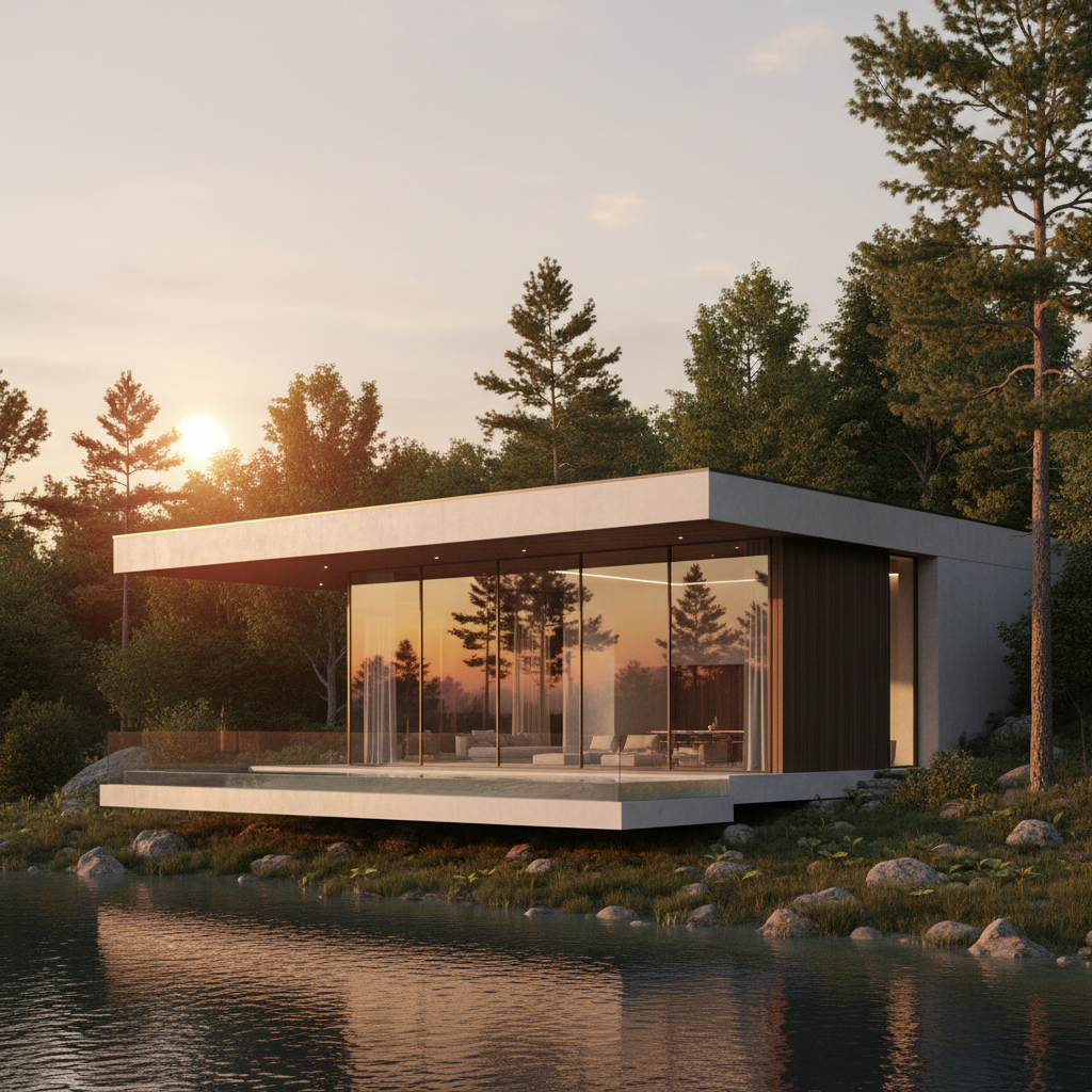 AI-generated architectural rendering of a contemporary minimalist house with floor-to-ceiling windows in nature