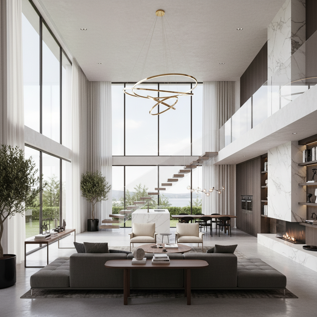 Interior architectural visualization of a luxury open-plan living space with double-height ceilings created by AI