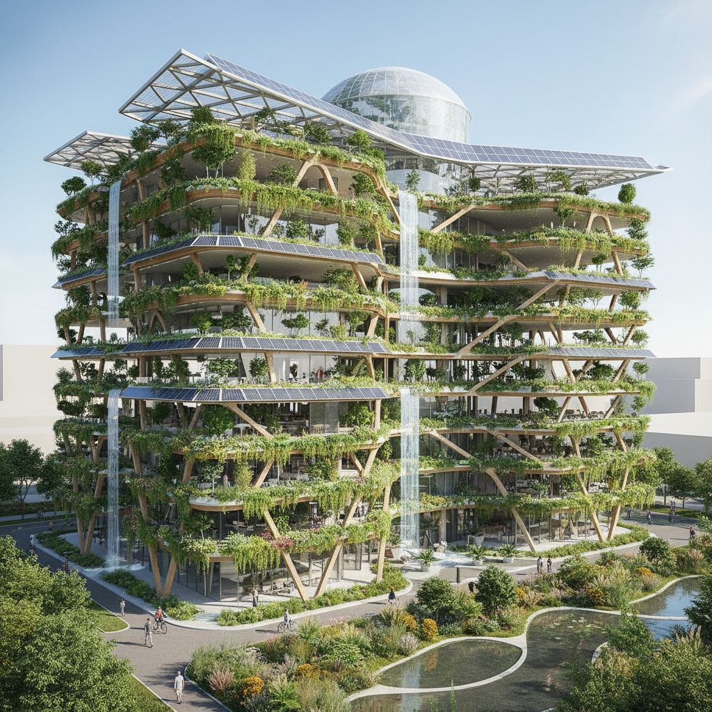AI architecture image of a sustainable green building with vertical gardens and solar panels
