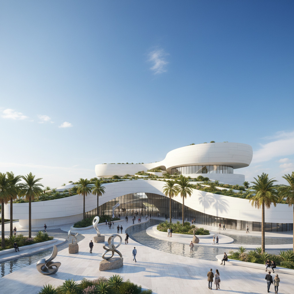 Architectural visualization of a grand modern museum with curved organic white forms generated by AI