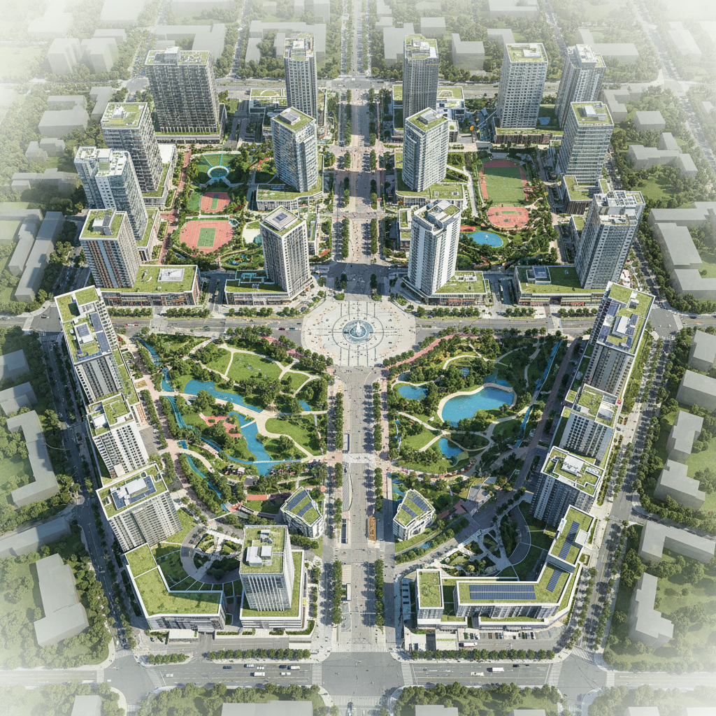 AI-generated aerial view of a master-planned urban development with mixed-use buildings and parks