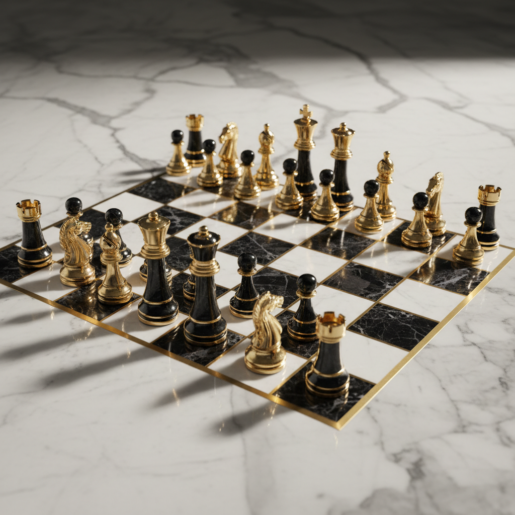 AI image generator for chess hero — luminous chess board with glowing yellow and amber light beams rising from each square, ornate hand-carved knights and queens silhouetted in shadow, cinematic chess-themed AI art with golden particle effects
