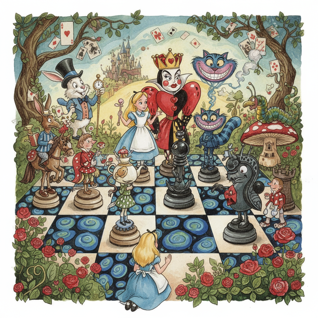 Fantasy chess-themed AI art generated by the AI image generator for chess — medieval castle battlefield where giant chess pieces come alive as warriors, knight transforming into armored horseman, queen glowing with magical aura, epic fantasy concept art