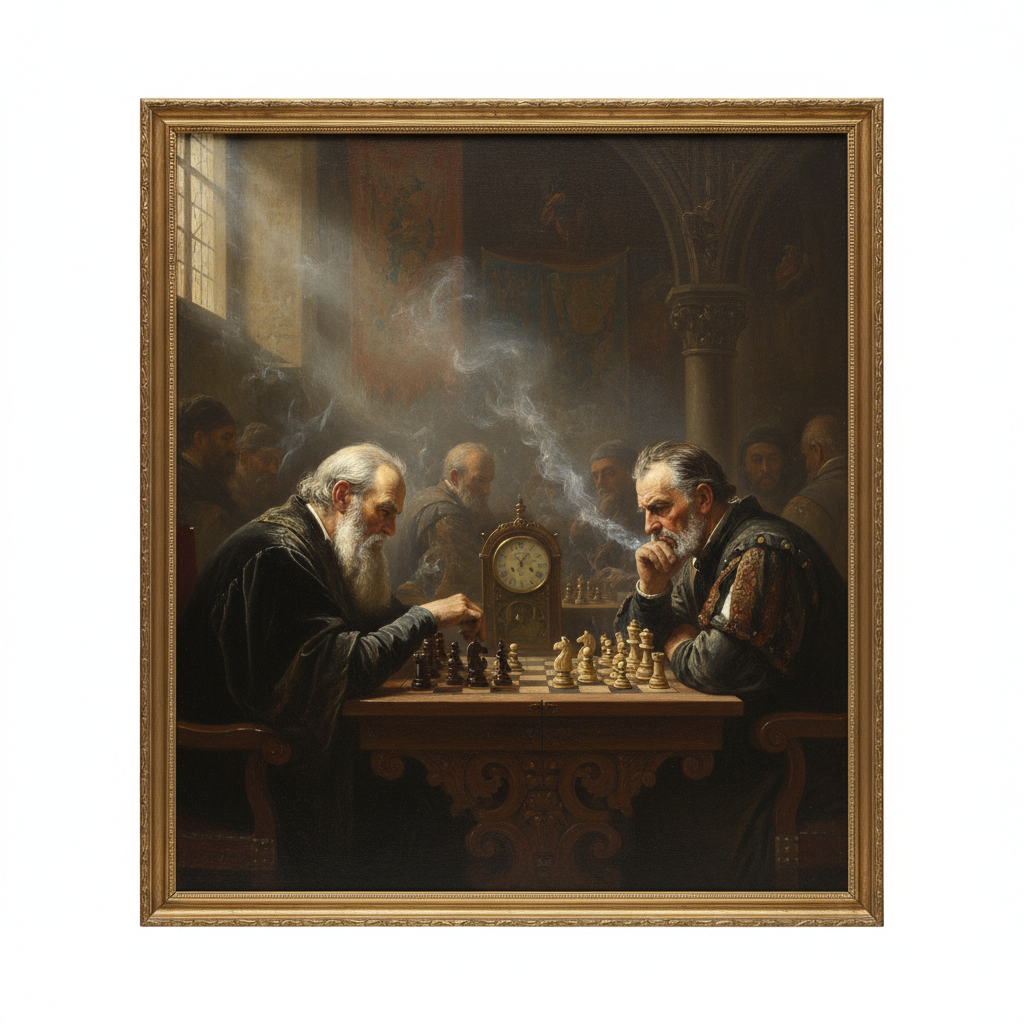 Creative chess-themed AI art — abstract surreal landscape made entirely of giant chess pieces and floating chessboard tiles, Salvador Dali inspired dreamscape with warm sunset sky, gold and amber palette, fine-art digital painting for chess teaching materials