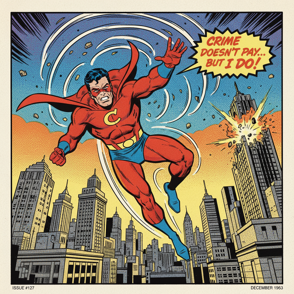 AI comic panel of a superhero leaping across a city skyline with bold ink outlines and halftone shading