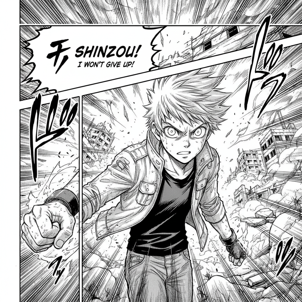 AI manga-style comic page of a determined protagonist with speed lines and screentone shading