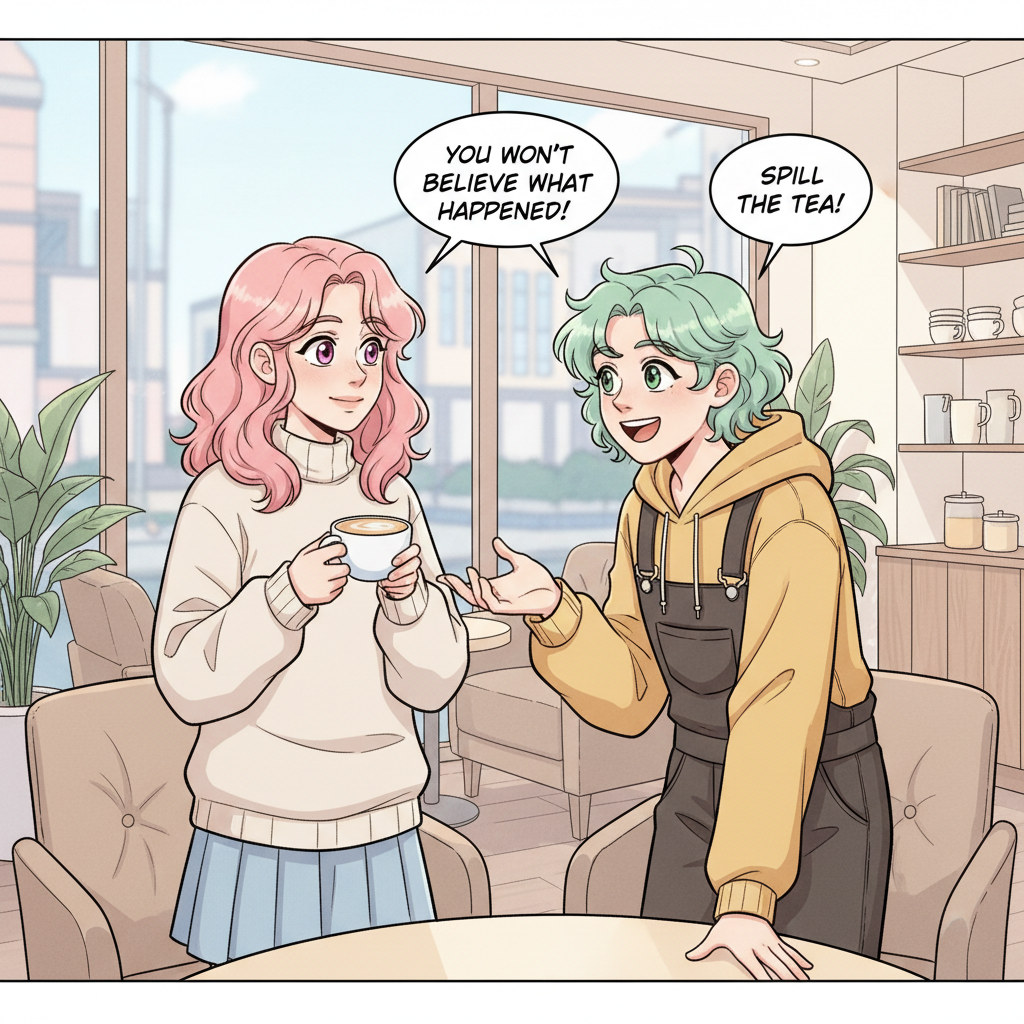 AI webtoon-style comic illustration of two characters in a cafe with soft cel shading