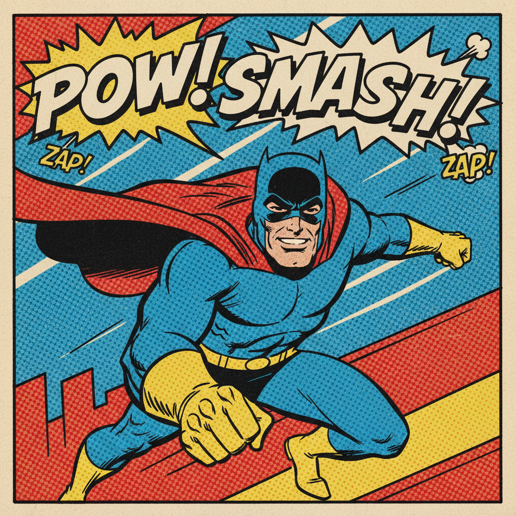 AI retro pop-art comic panel of a hero with Ben-Day dots and bold primary colors