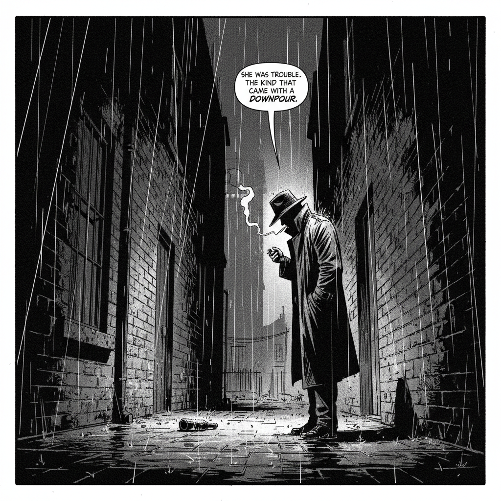 AI graphic novel noir comic panel of a detective in a rain-soaked alley with heavy shadows