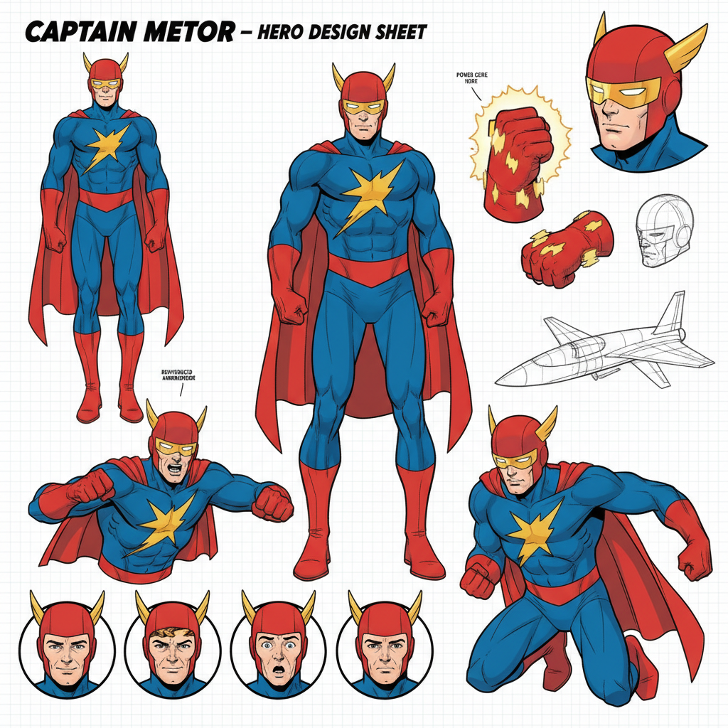AI comic character design sheet showing the same hero in multiple consistent poses